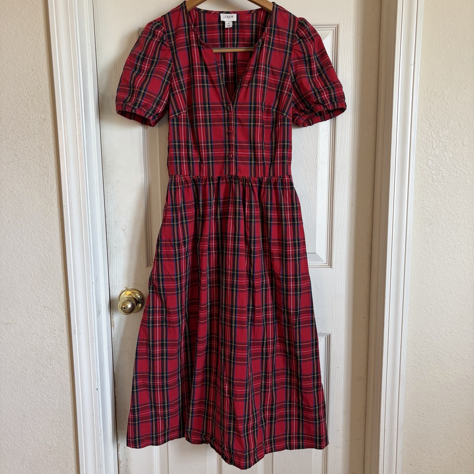 J Crew Red Tartan Plaid Dress Pockets Covered Buttons Puff Sleeves Women’s 4