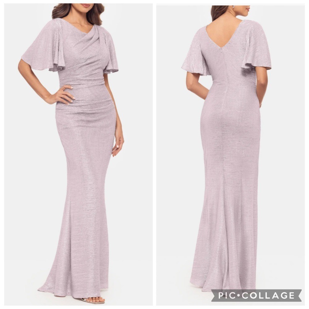 Betsy & Adam Quicksilver Flutter Sleeve Trumpet Gown Pink Silver 14