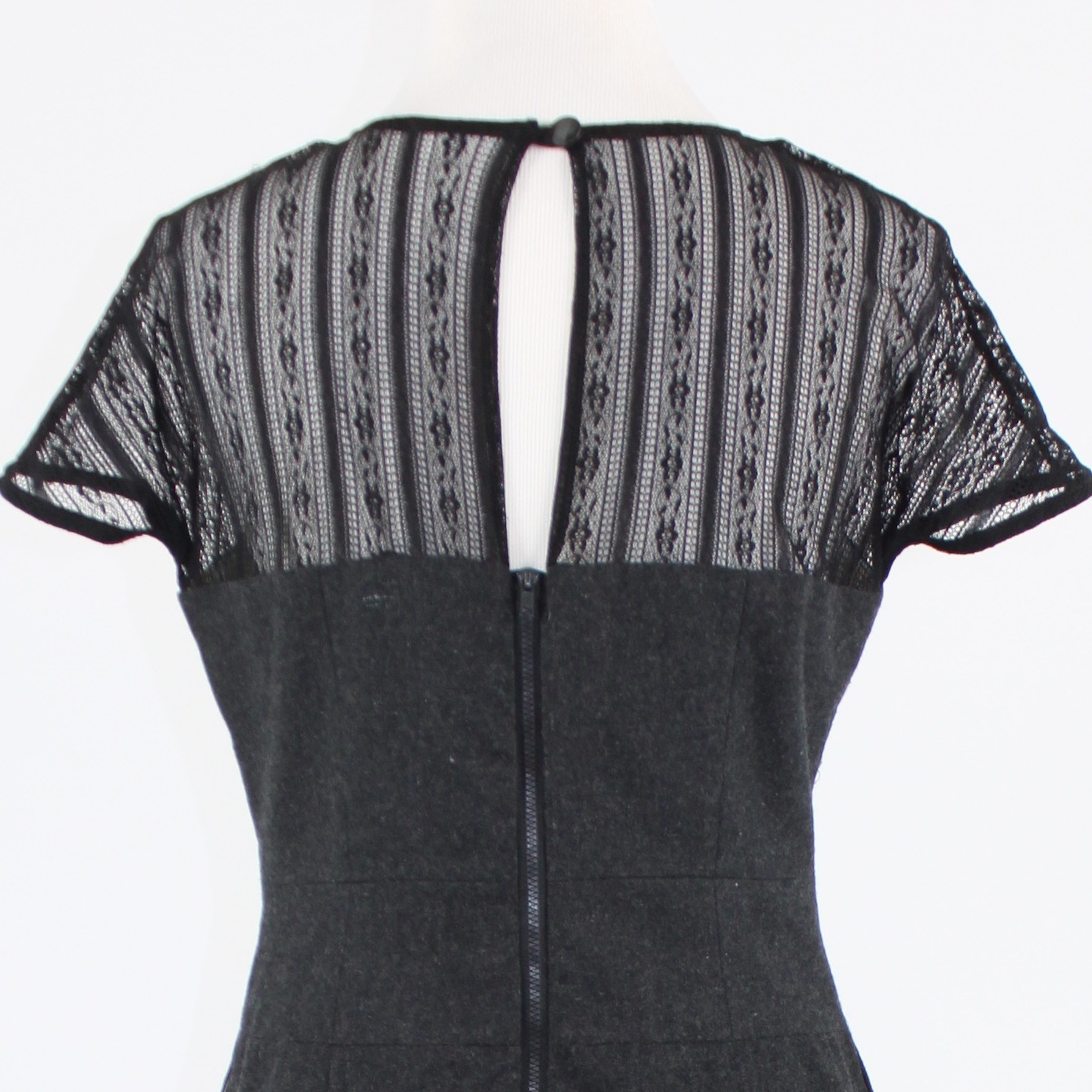Charcoal gray TULLE black sheer lace neckline cap sleeve sheath dress L