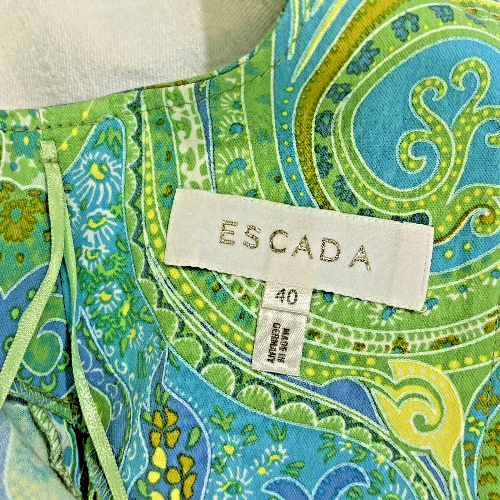 Escada Women’s EU40/US8 Dress Back Ribbon Detail Blue Green Sleeveless Cotton