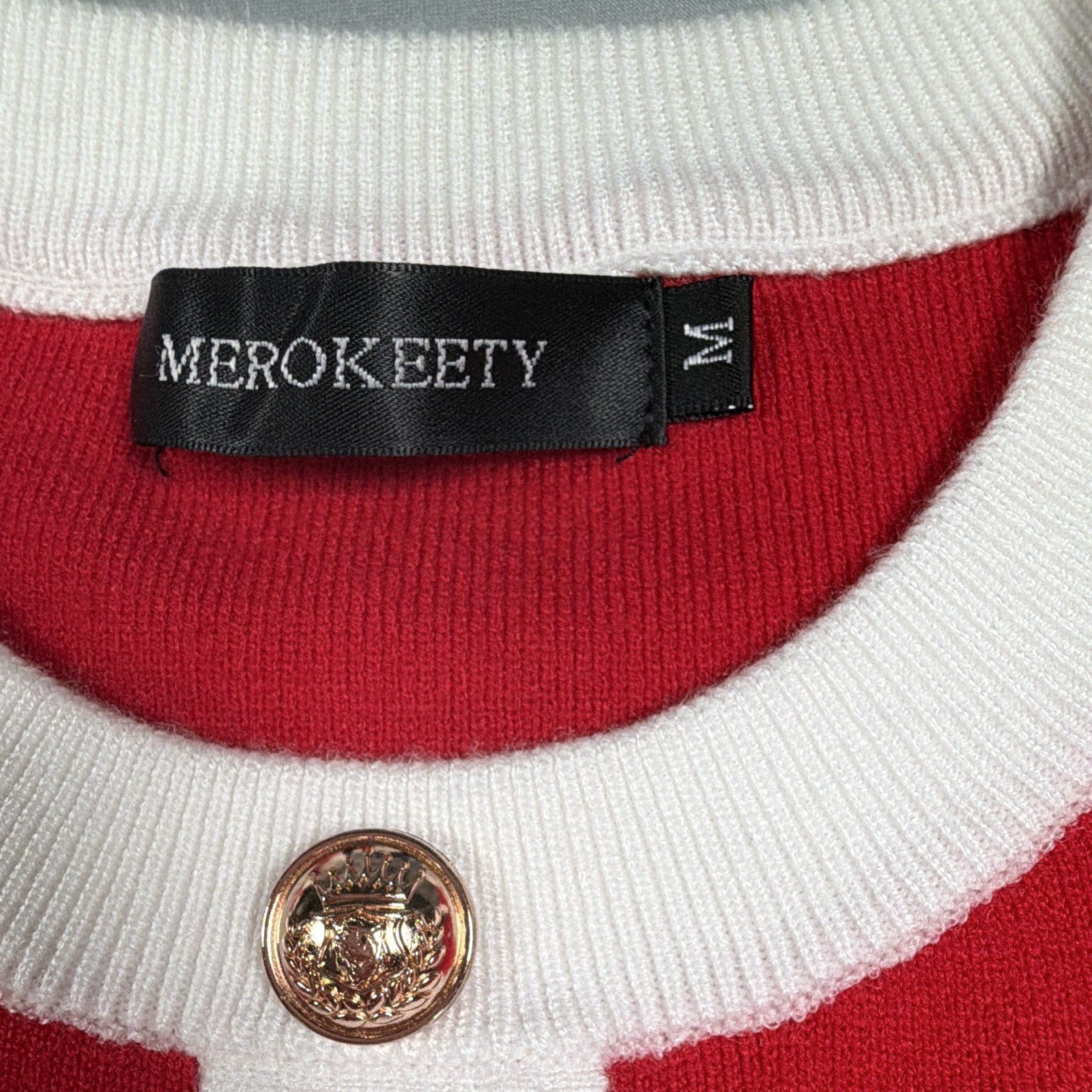 MEROKEETY Red/White Sleeveless Knit A-Line, gold buttons, 60’s mod inspired.
