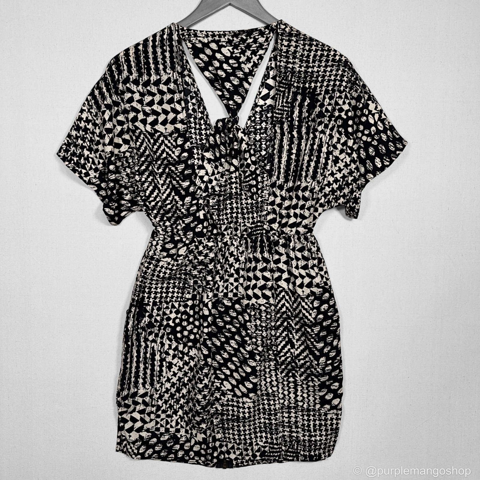 Tramp Zip Front Open Back Mini Dress | Black Cream | Pockets | Y2K | SMALL