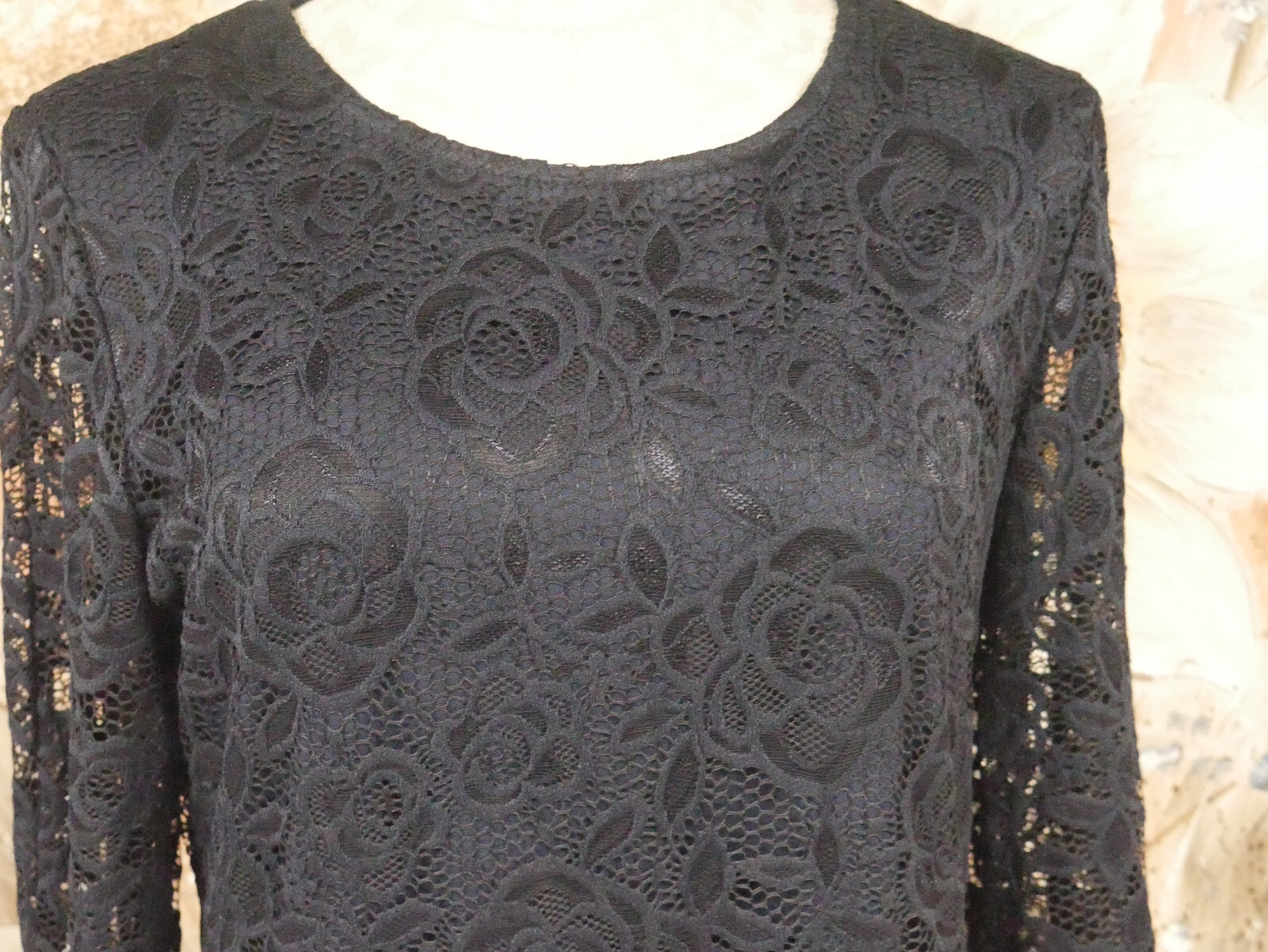 EUC ELEGANT LIZ CLAIBORNE SZ 10 BLUE LACE DRESS SHEER 3/4 SLEEVES / BOTTOM TIES