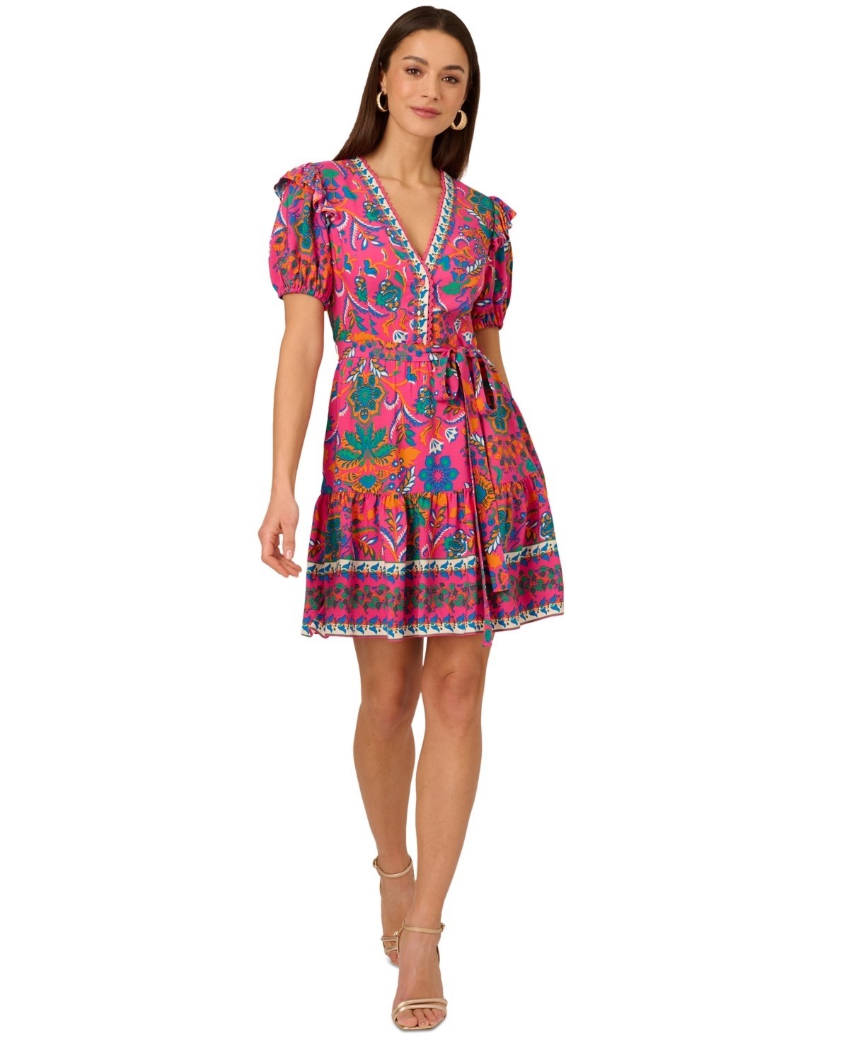 Adrianna Papell Printed Short Flounce Dress Hot Pink/Multi Size 6 NWT