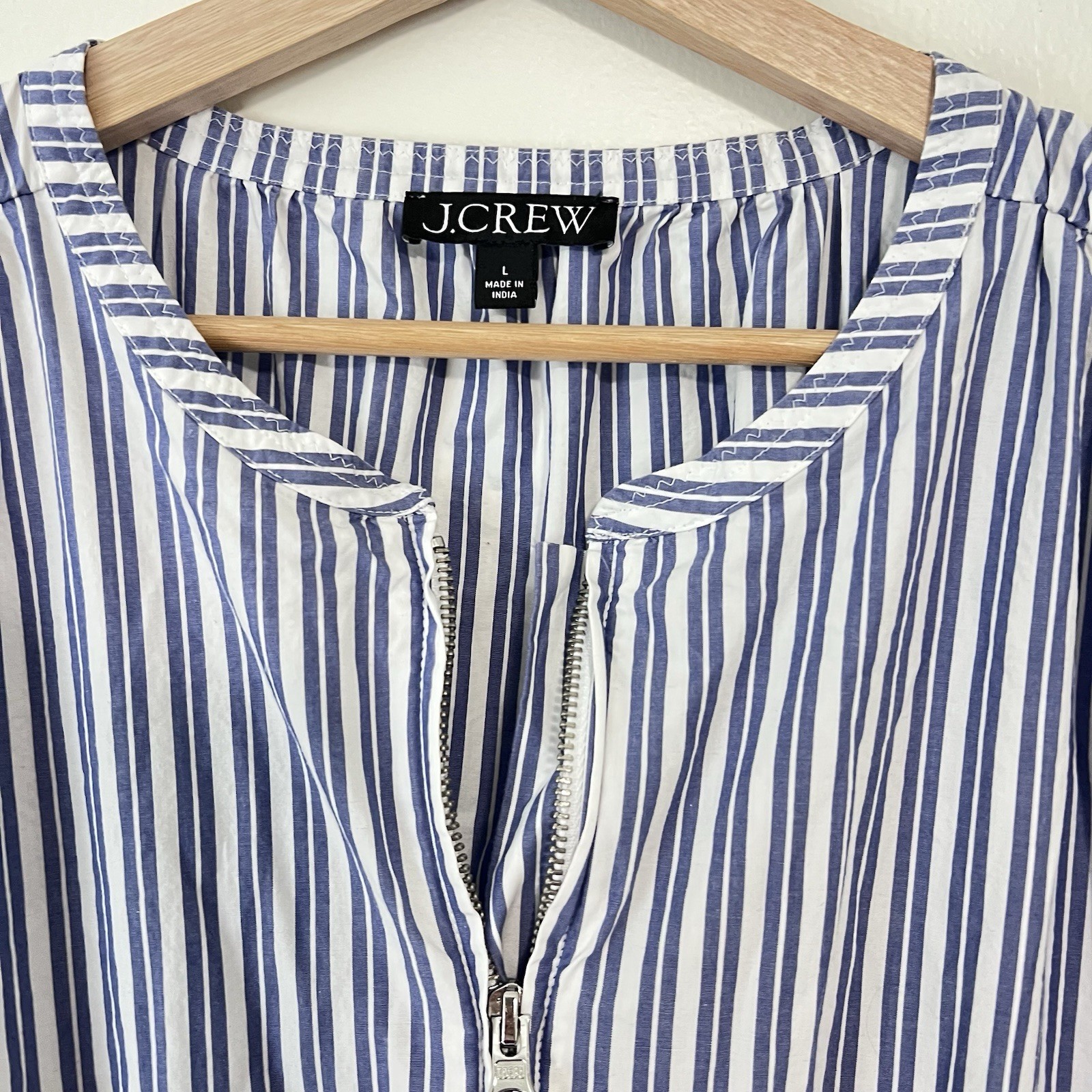 J.Crew Striped Cotton Poplin Drop Waist Midi Dress Size Large Blue White Pockets