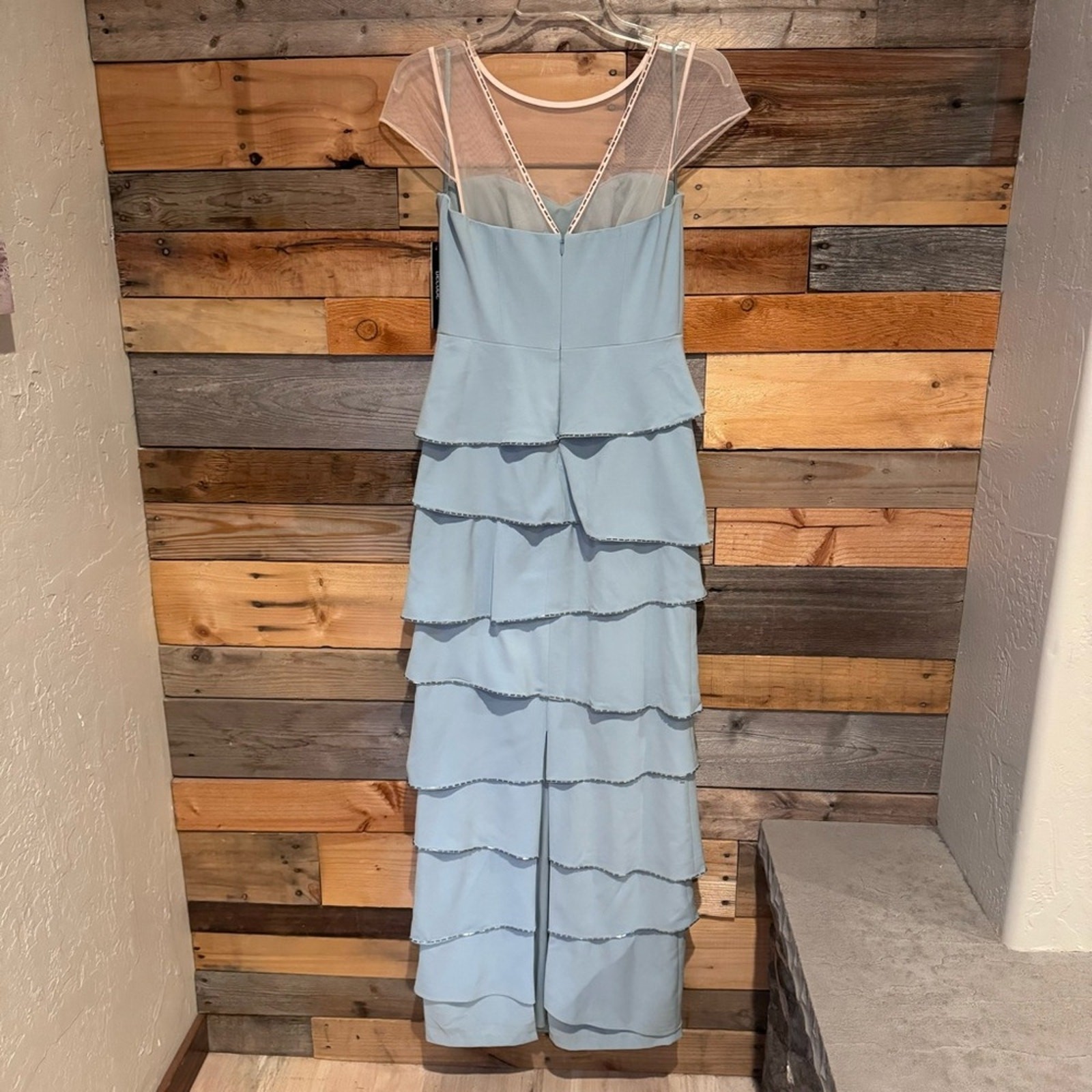 Decode 1.8 NWT Bead Embellished Tiered Sheath Maxi Dress In Dusty Blue Size 4