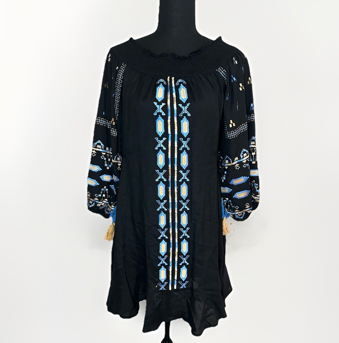 Ranna Gill Anthropologie Black Off Shoulder Embroidered Peasant Boho Dress XS