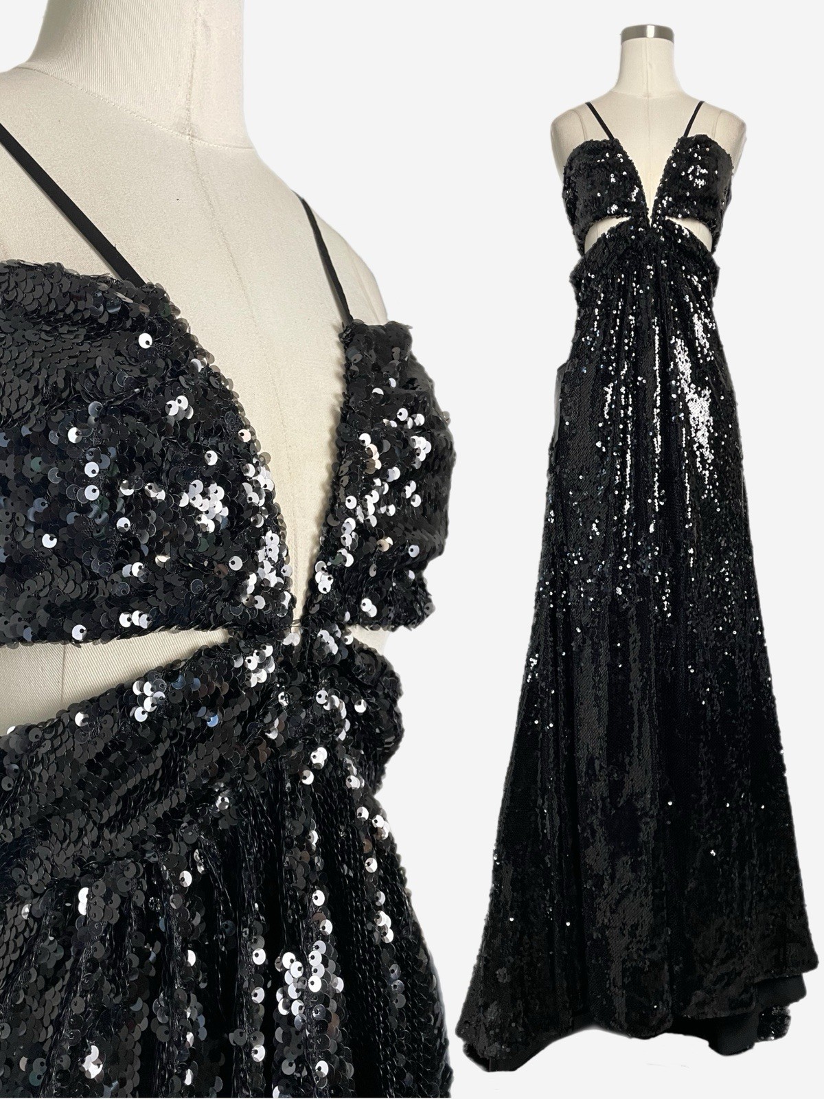 BCBGMaxAzria NWT Giacomo Black sequin cut out open back formal maxi gown slit 0