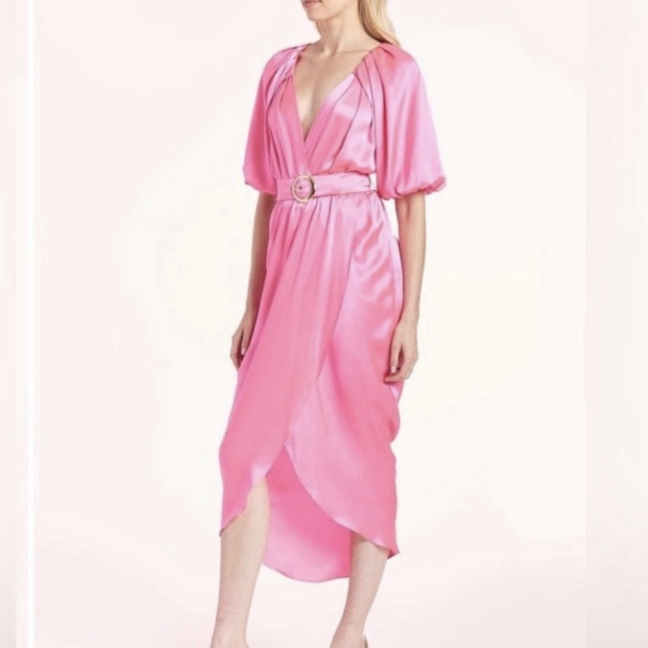 Amanda Uprichard Durand 100% Silk Puff Sleeve Belted Midi Dress Pink Size XS