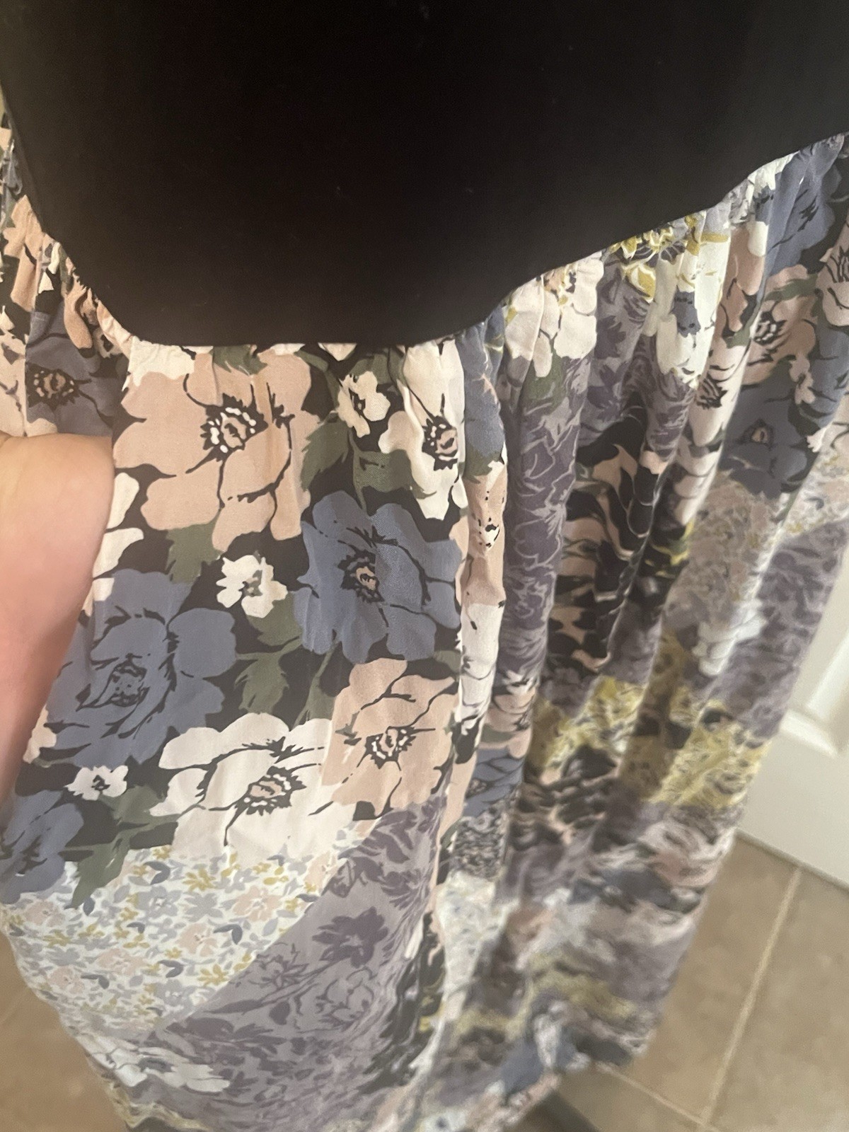Nicole Miller L Mixed Fabric Crazy Quilt Floral Print Maxi Dress Pockets Black