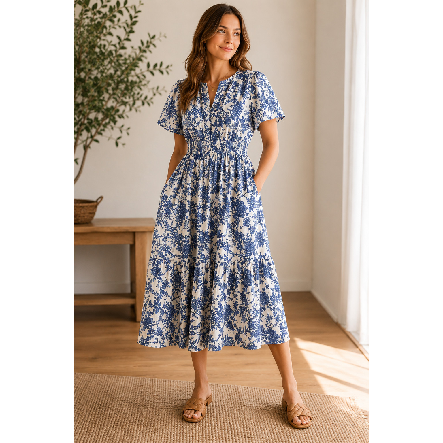 MAEVE ANTHROPOLOGIE Blue White Floral Midi Dress S Smocked Cottagecore Prairie