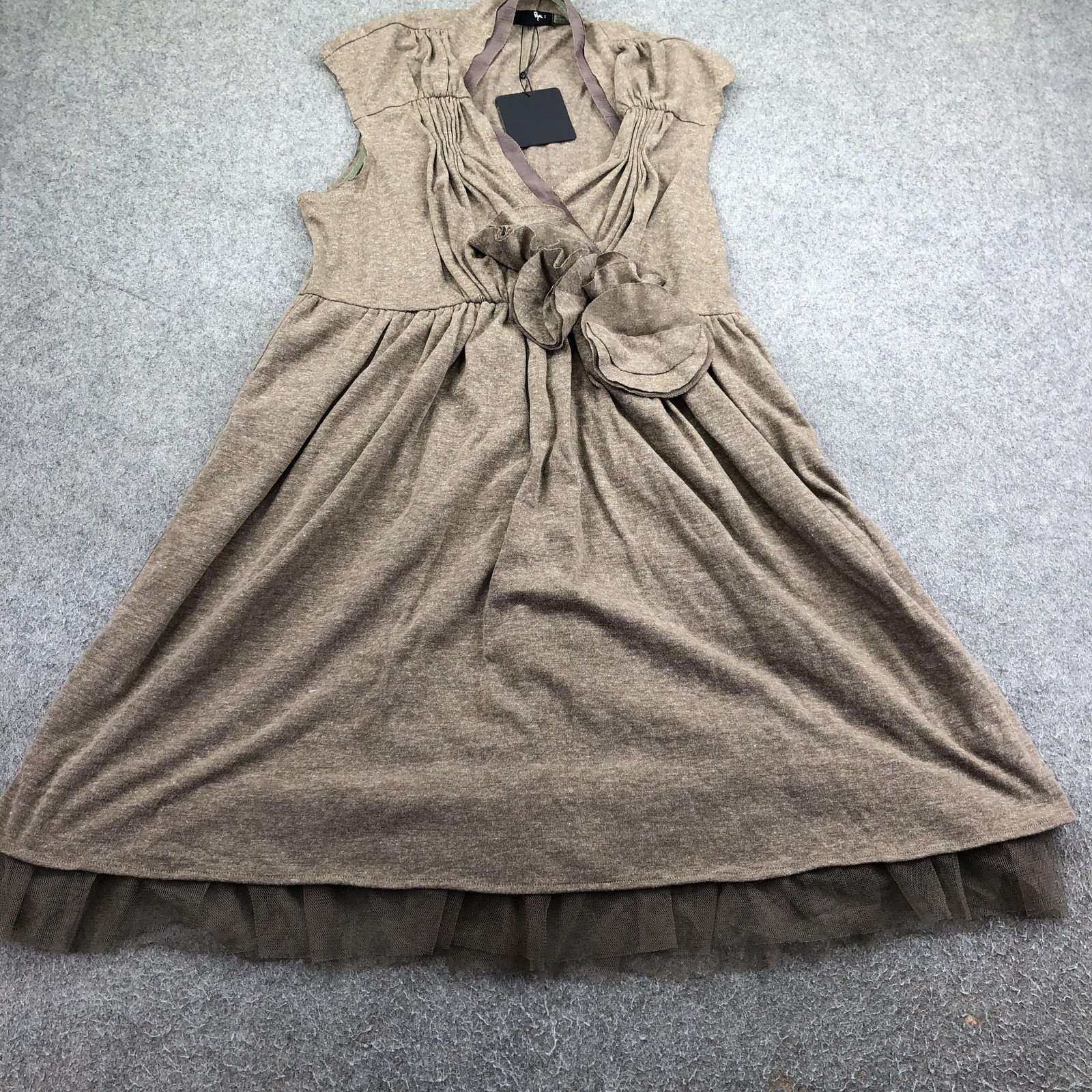 RYU Dress Womens Large Brown Jersey Ruffle Empire Waist Tulle Hem Fit Flare