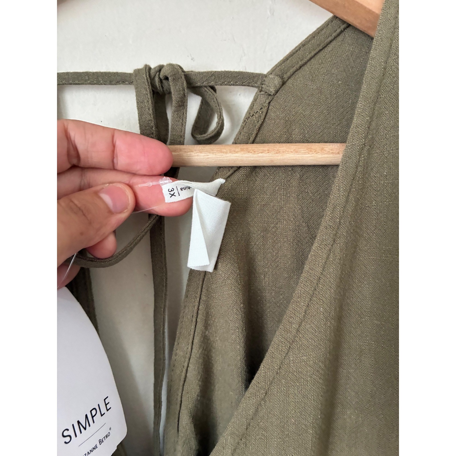 Suzanne Betro Simple Olive Green Linen Blend V-Neck Empire Waist Midi Dress 3X