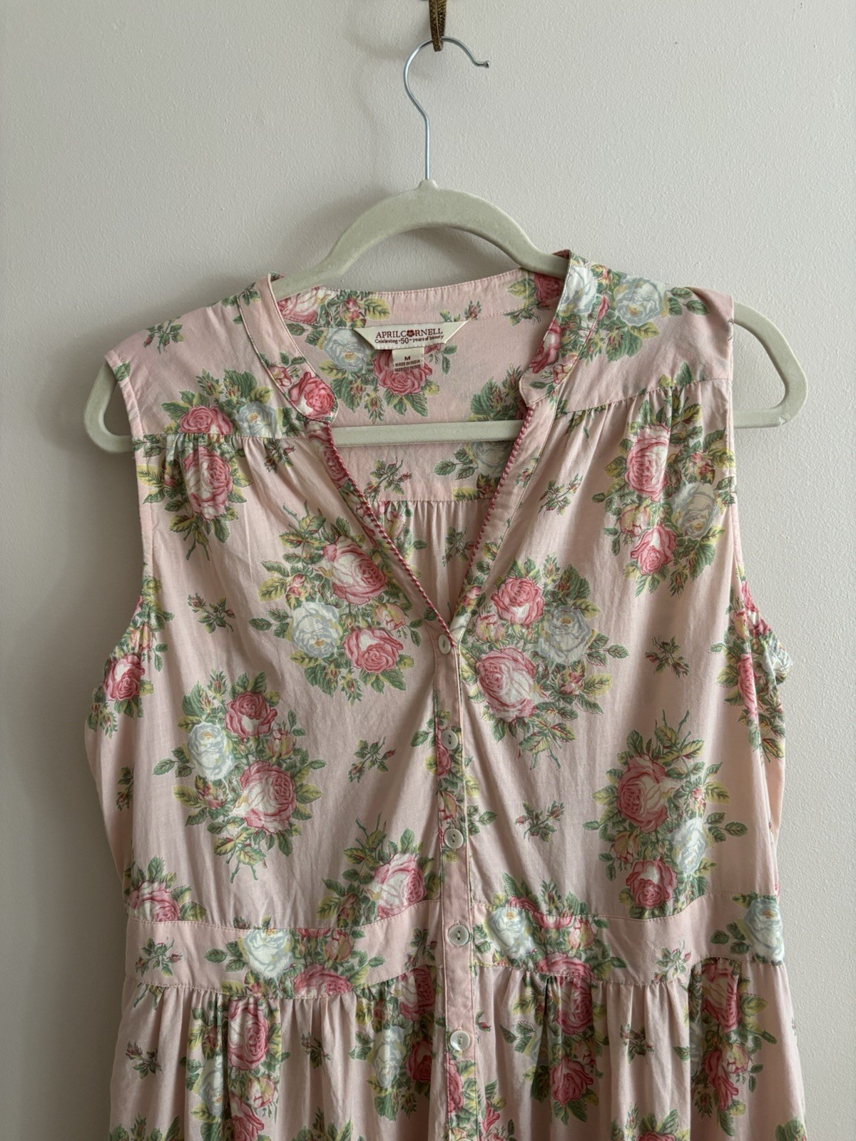 April Cornell Genevieve Hostess Maxi Dress Pink Cottage Roses Large Sleeveless