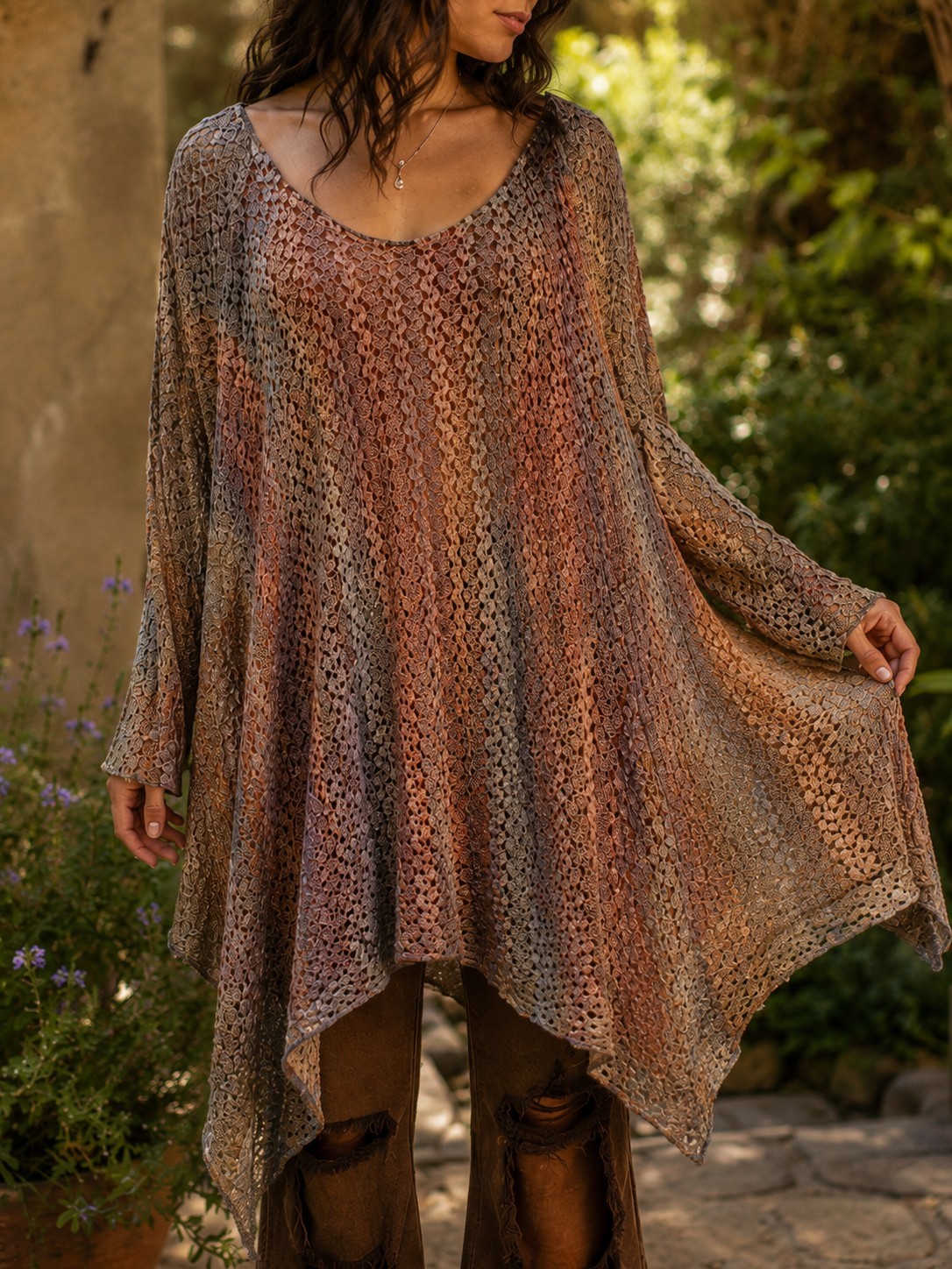 Indigo Soul Crochet Tunic Dress Boho Festival Hippie Handkerchief Hem M