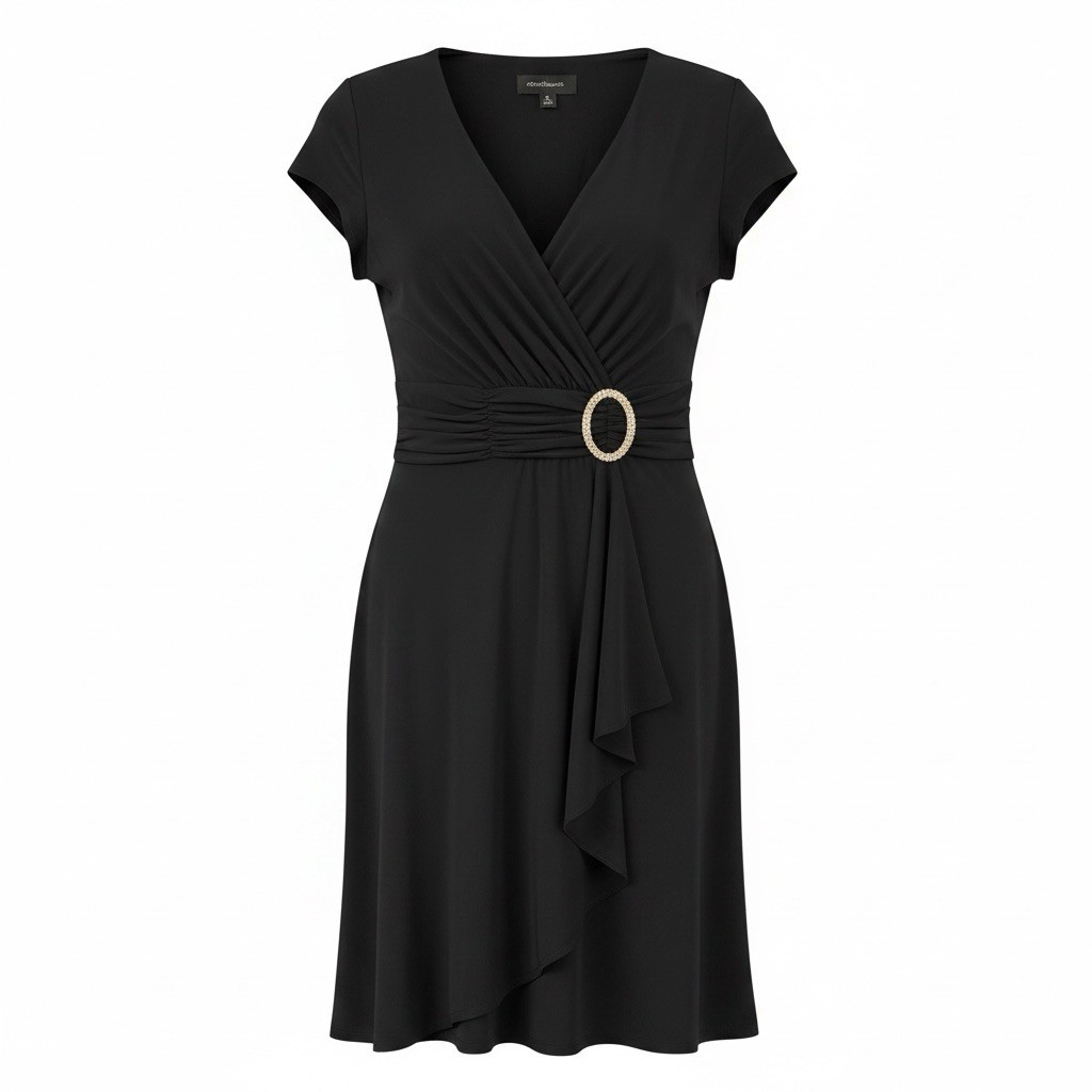 R&M Richards – Women’s Black Faux Wrap Midi Dress Rhinestone Buckle Size 10 NWT