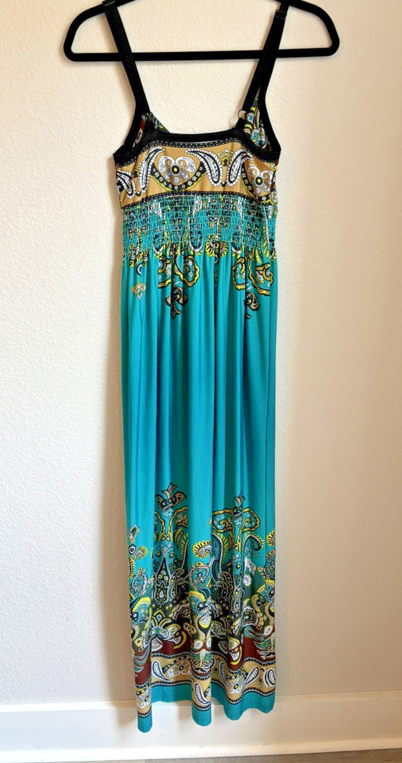 Maxi Dress By Bailey Blue Turquoise Paisley Sz S Beach Vacation Cruise Boho