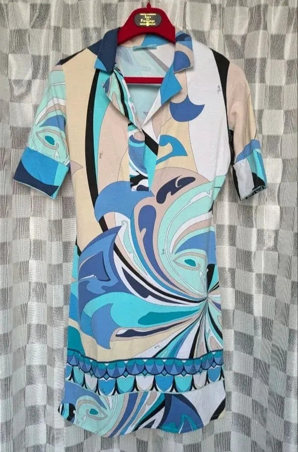 Emilio Pucci Stretch Skipper Tunic Short Dress Multicolor Blue Cotton US4 IT38