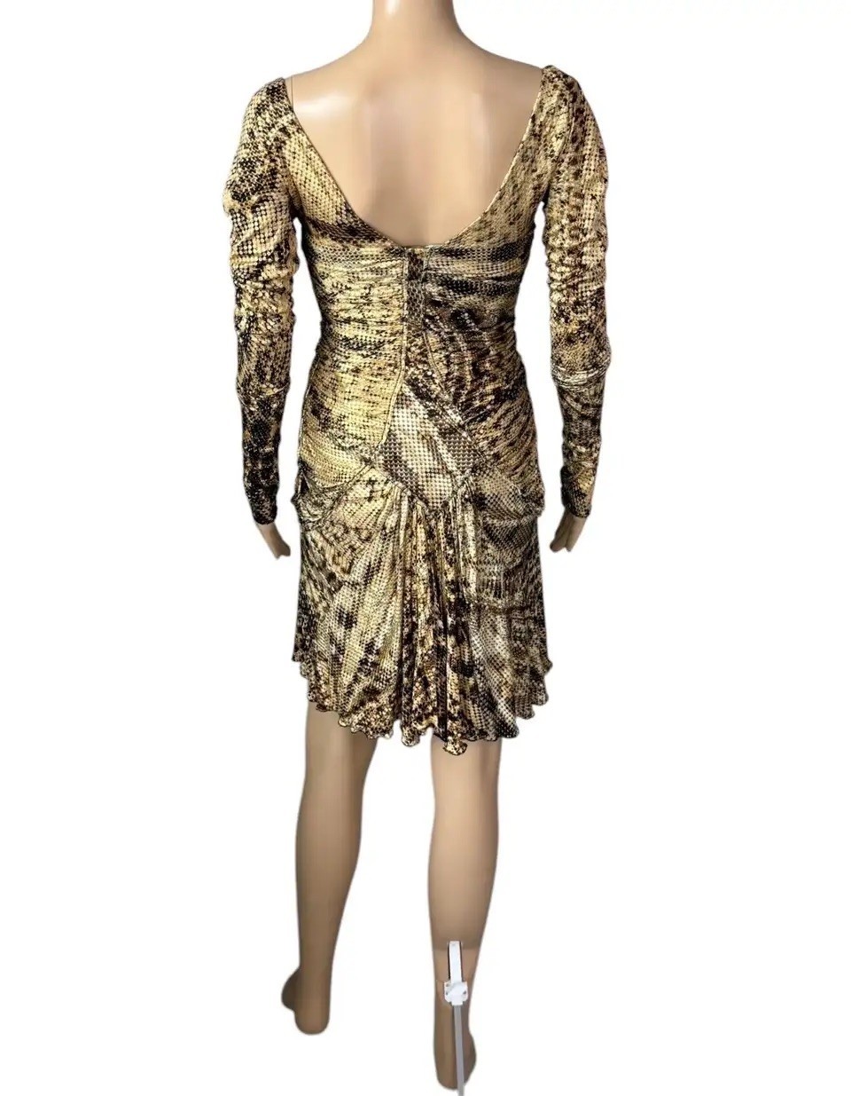 Roberto Cavalli F/W 2003 Runway Plunging Bustier Ruched Zipper Metallic Dress