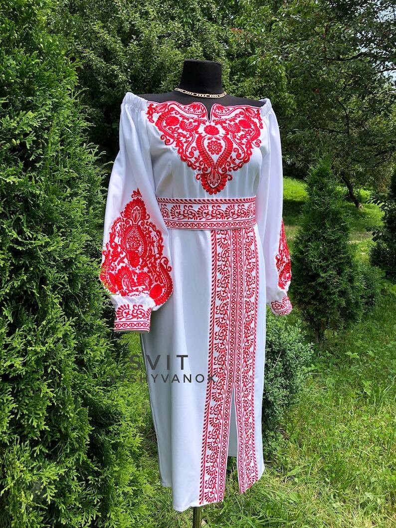 Elegant White Ukrainian Dress Red Flower Embroidered Vyshyvanka Boho Wedding