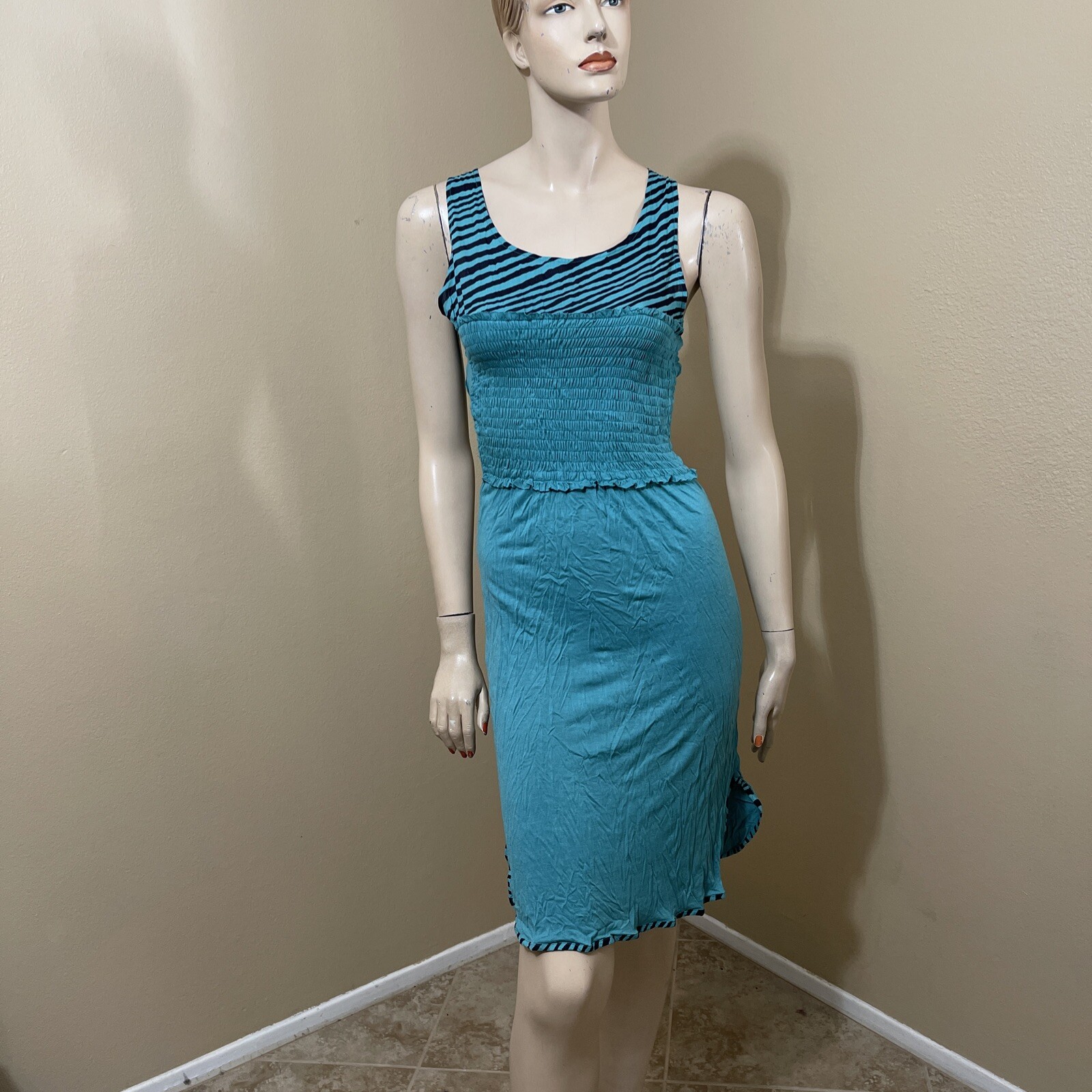 Women’s Turquoise Striped Viscose Casual Summer Open Stretch Size S Sundress