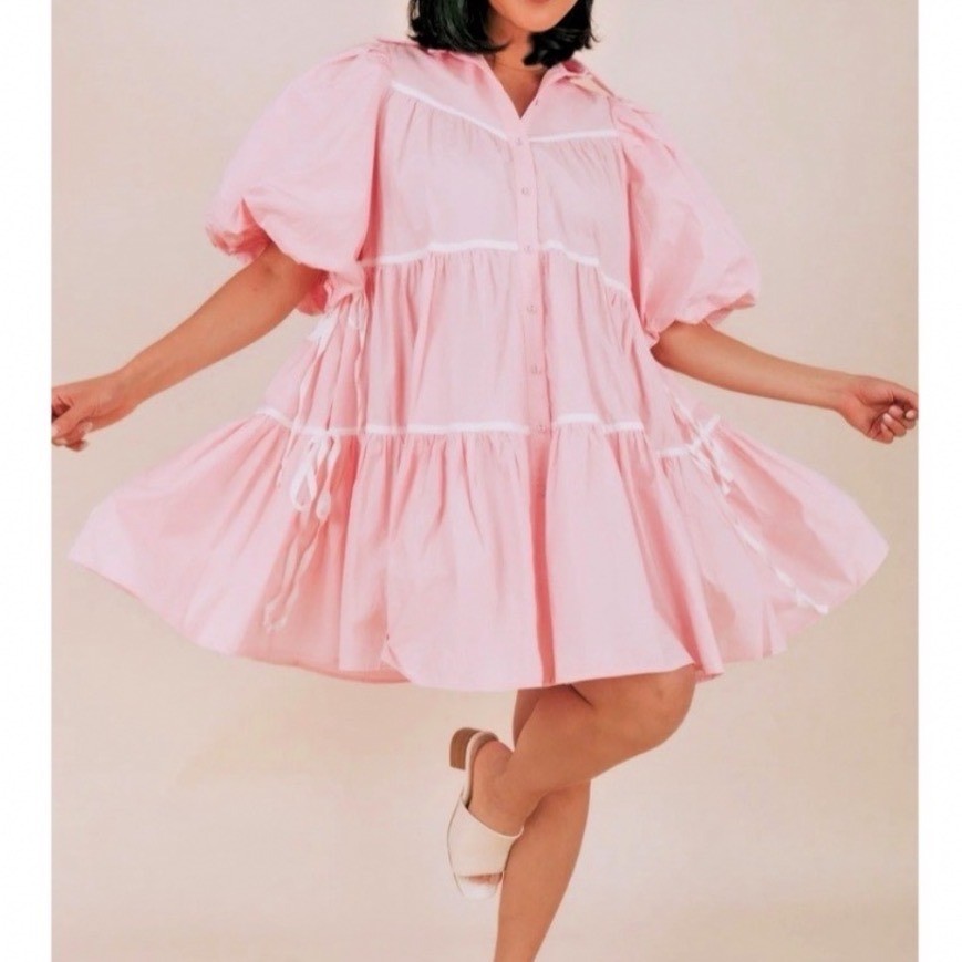 Sofie the Label Pink Tiered Babydoll Puff Sleeve Mini Dress Shirt Dress Medium g