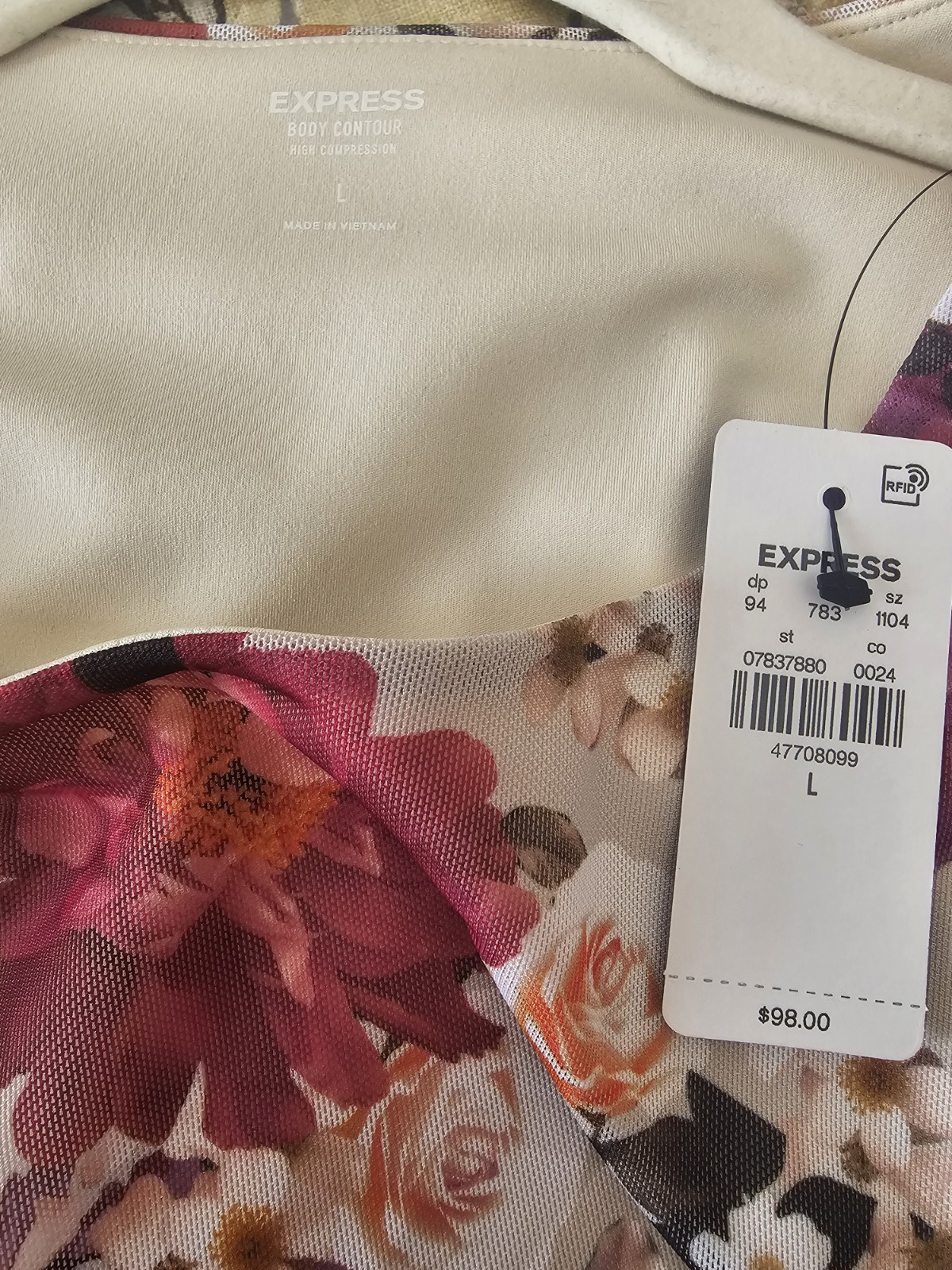 Express Floral Ruched Mesh Bodycon Dress L Long Sleeve Knee Length Lined Stretch