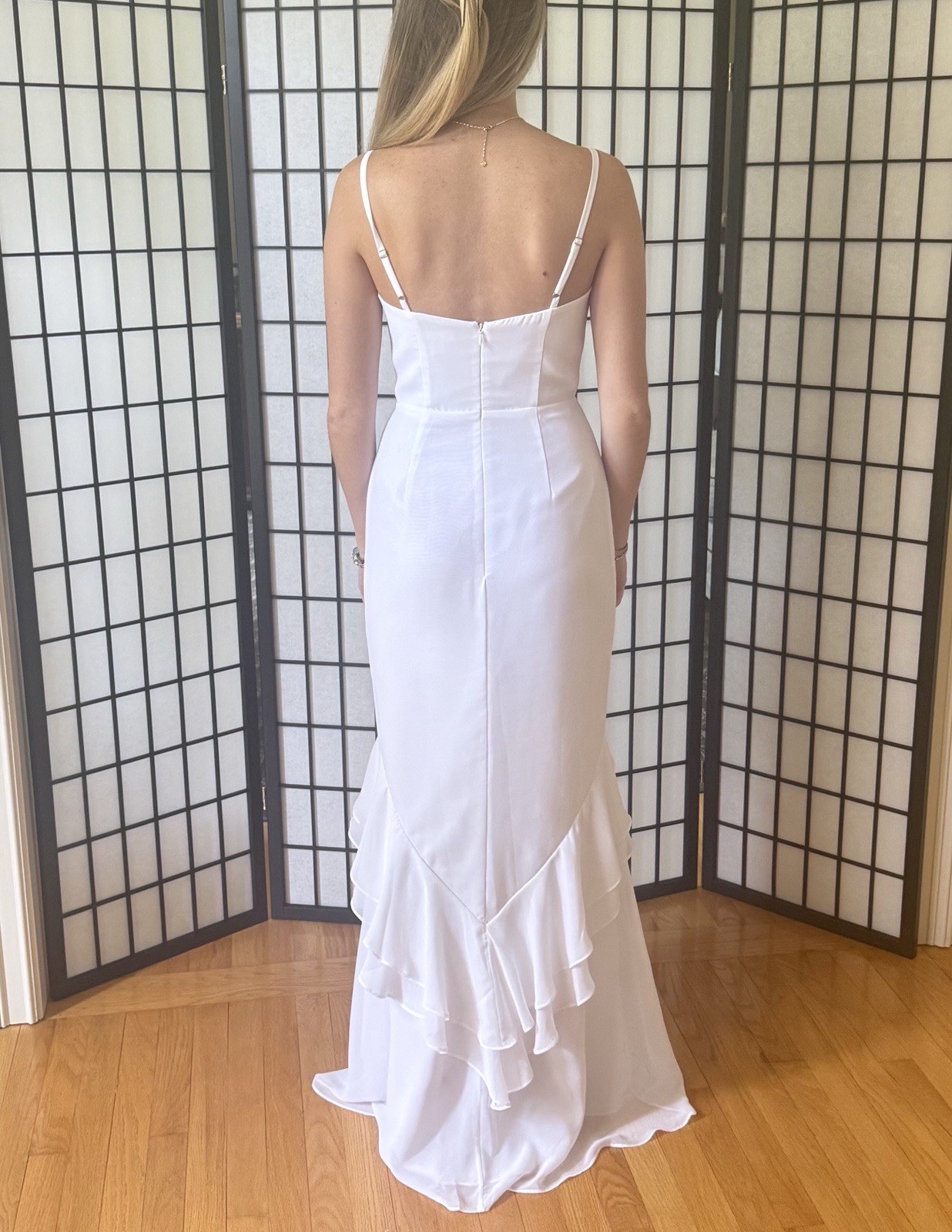 White Sweetheart Sleeveless Ruffle Column Sheath gown 2