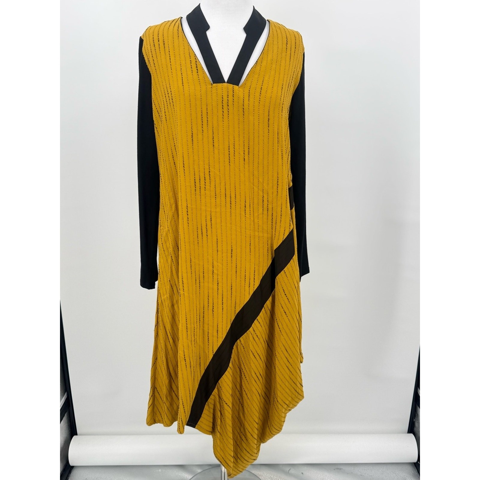 LUUKAA Lagenlook Asymmetrical Dress Size 10 Yellow Stripe Artsy Avant Garde NEW