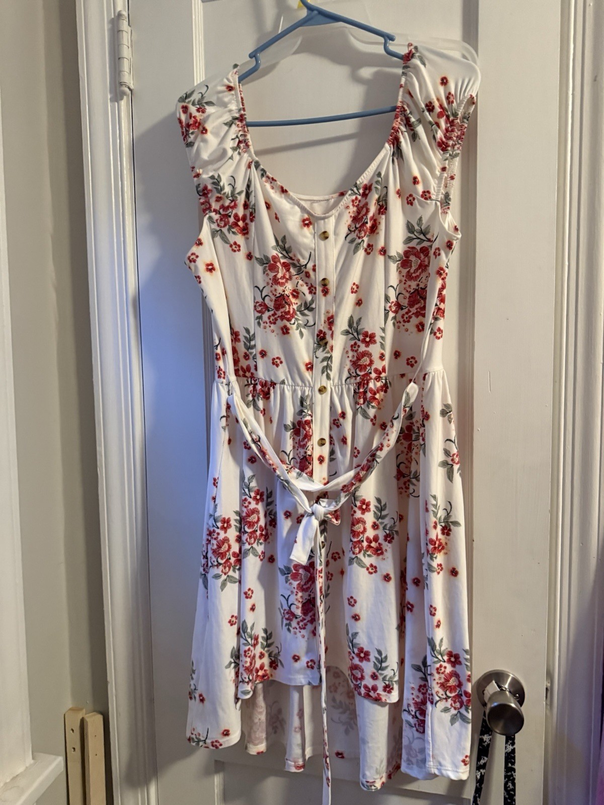 White Red Green Floral Rayon Woven V-Neck Strappy Sundress w/ Tie L