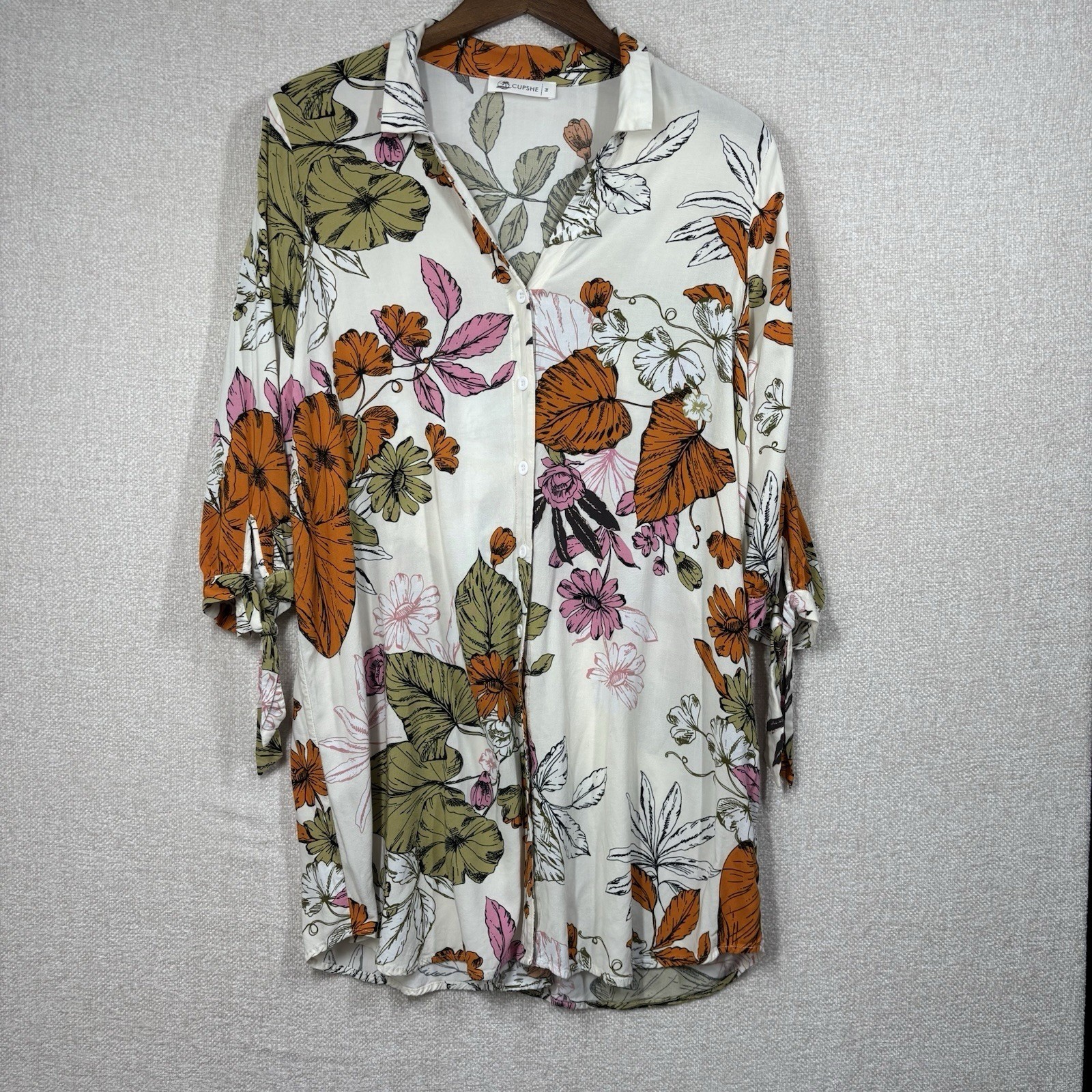 Cupshe Floral Button Down Tunic Shirt Dress Tie Sleeve Cream Orange Green Medium