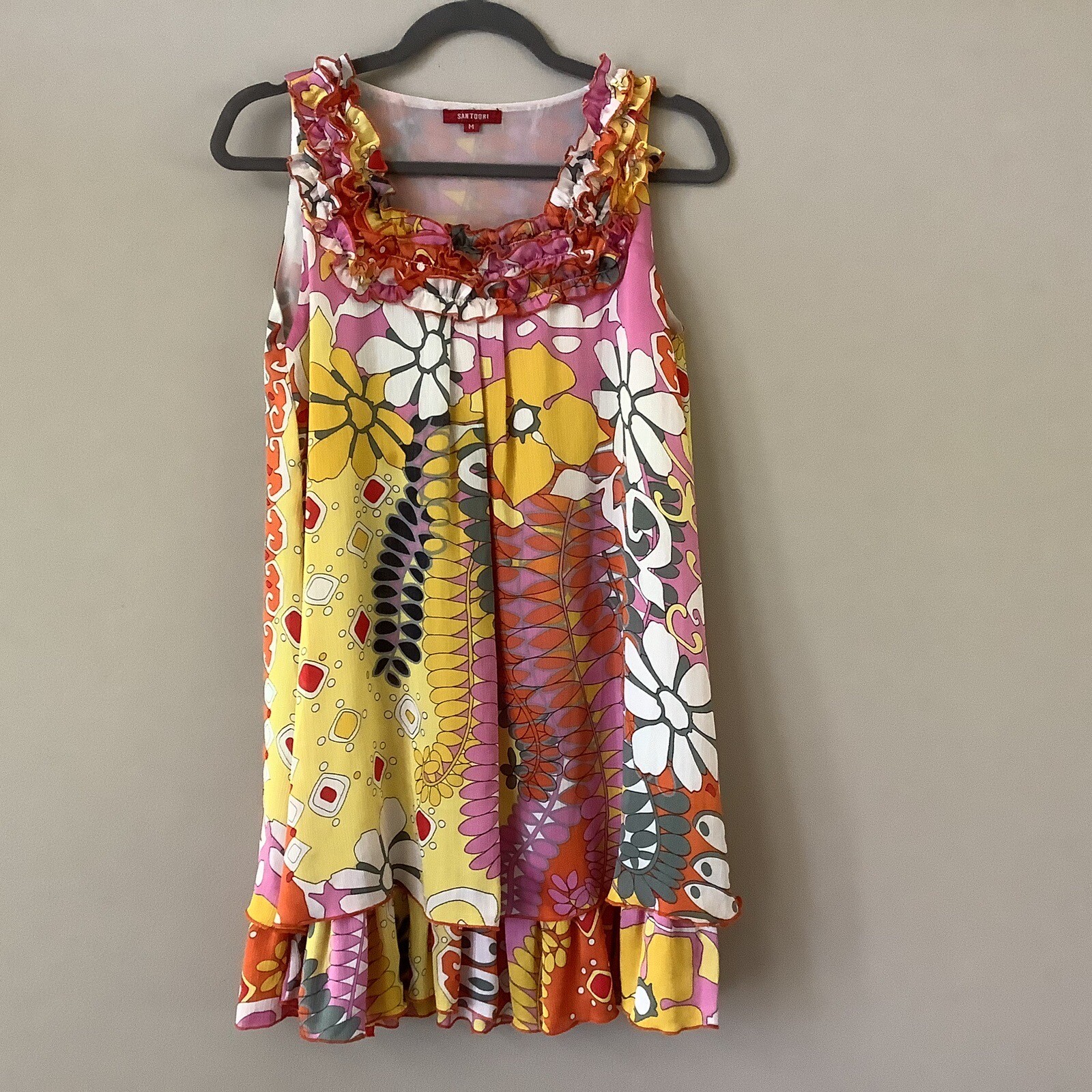 Santoori Women’s Medium Colorful Floral Print Shift Sun Dress Sleeveless Tiered