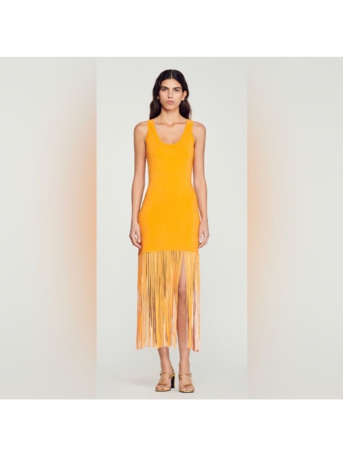 NEW SANDRO Sleeveless fringe Knit Sleeveless midi Orange dress sz 36 / 4