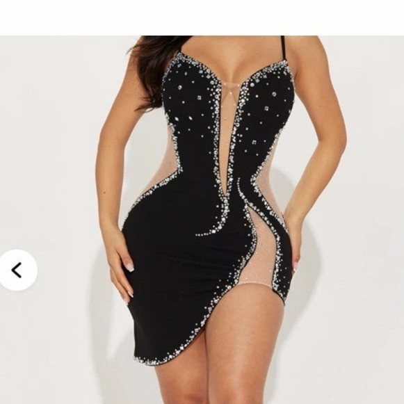 Black Rhinestone Mesh Sheer Bodycon Mini Dress S V-Neck Spaghetti Strap XS