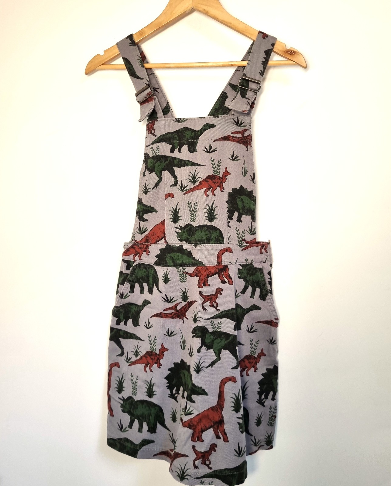 Run And Fly Dungaree Dress Size 8 Dinosaurs Grey Waist 28 Green Pinafore
