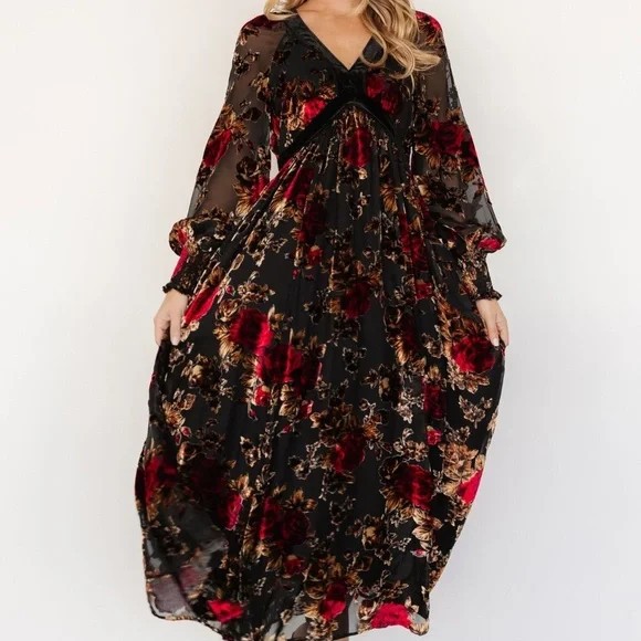 Baltic Born Adele Velvet Goth Burnout Maxi Floral Red Black Boho Dress In Bloom