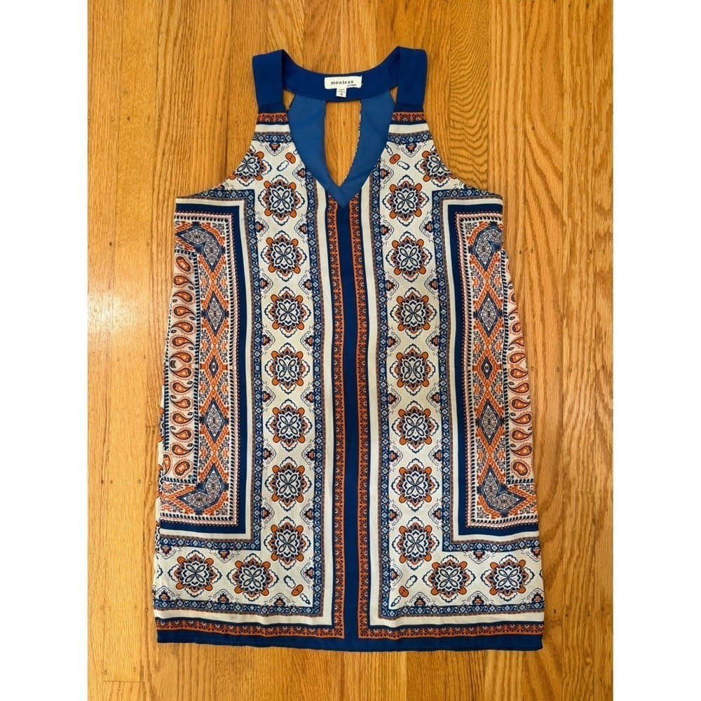 Monteau Sleeveless Dress – Blue, Orange, White Patterned Tank Top