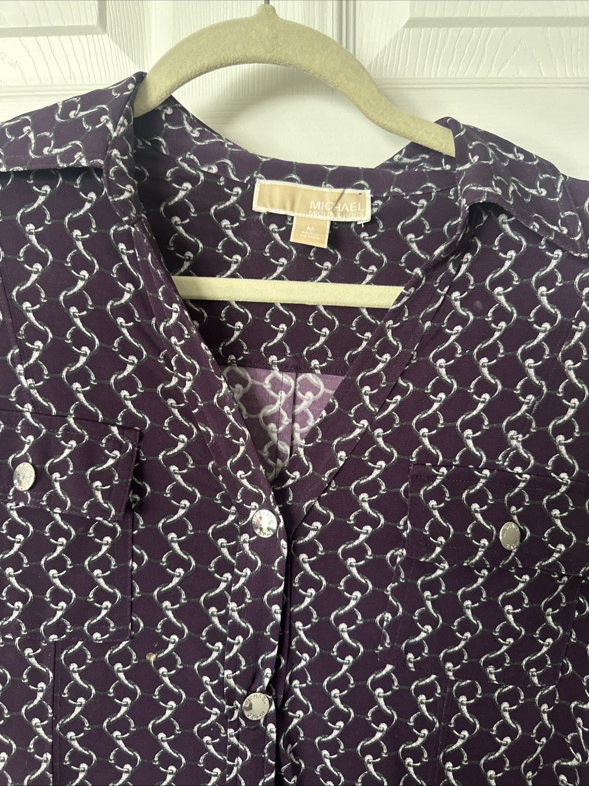 Michael Kors Women’s Midi Collard Dress Silver Chain Print Purple Long Sleeve-M