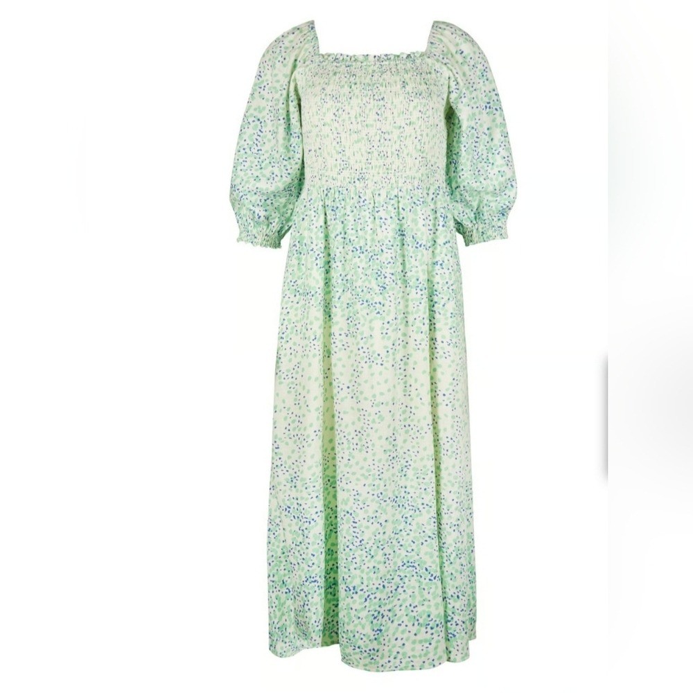 Oliver Bonas Speckle Print White Shirred Midi Dress Multicolor Womens Size 10