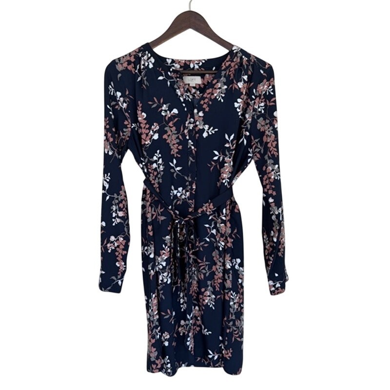 LOFT Navy, Taupe, and White Floral Long Sleeve Dress with Tie Belt – Medium