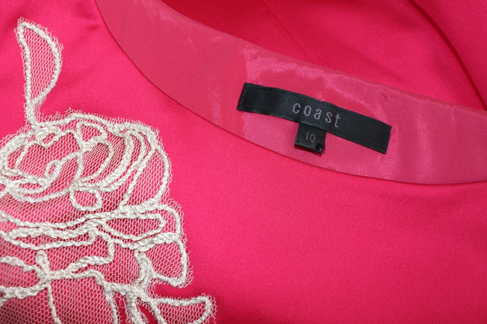 Coast Deep Pink Satin Dress Embroidered Lace Appliqué Occasion Party Evening 10