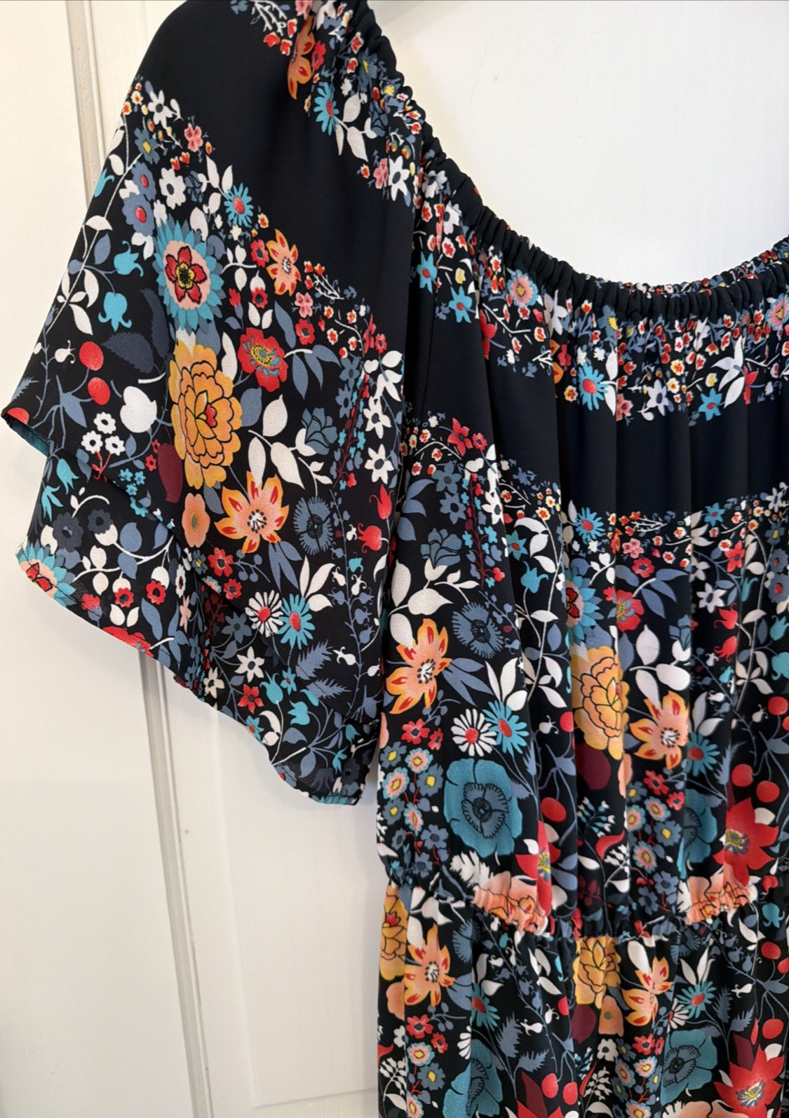 Loft Black Multicolor Dark Floral On / Off Shoulder Peasant Dress S Boho Hippie