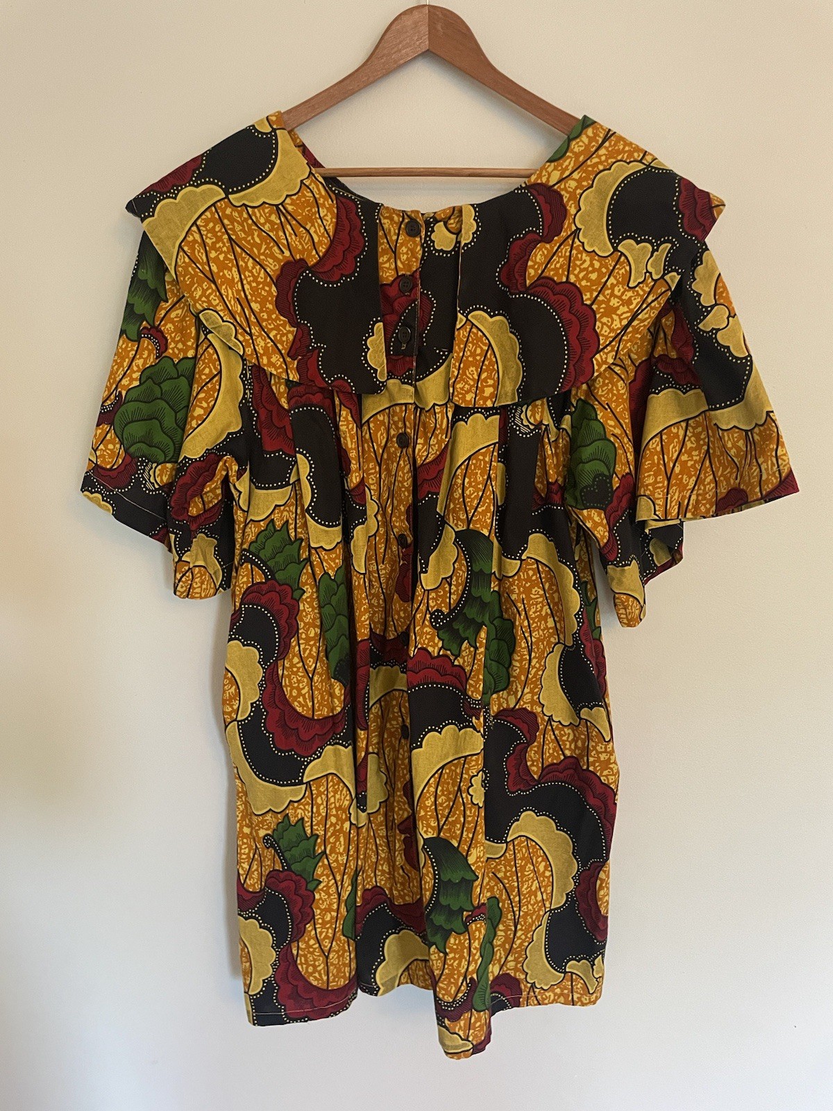 African Wax Print Mini Dress Yellow Red Floral Ruffle Collar Flutter Sleeve. OS.