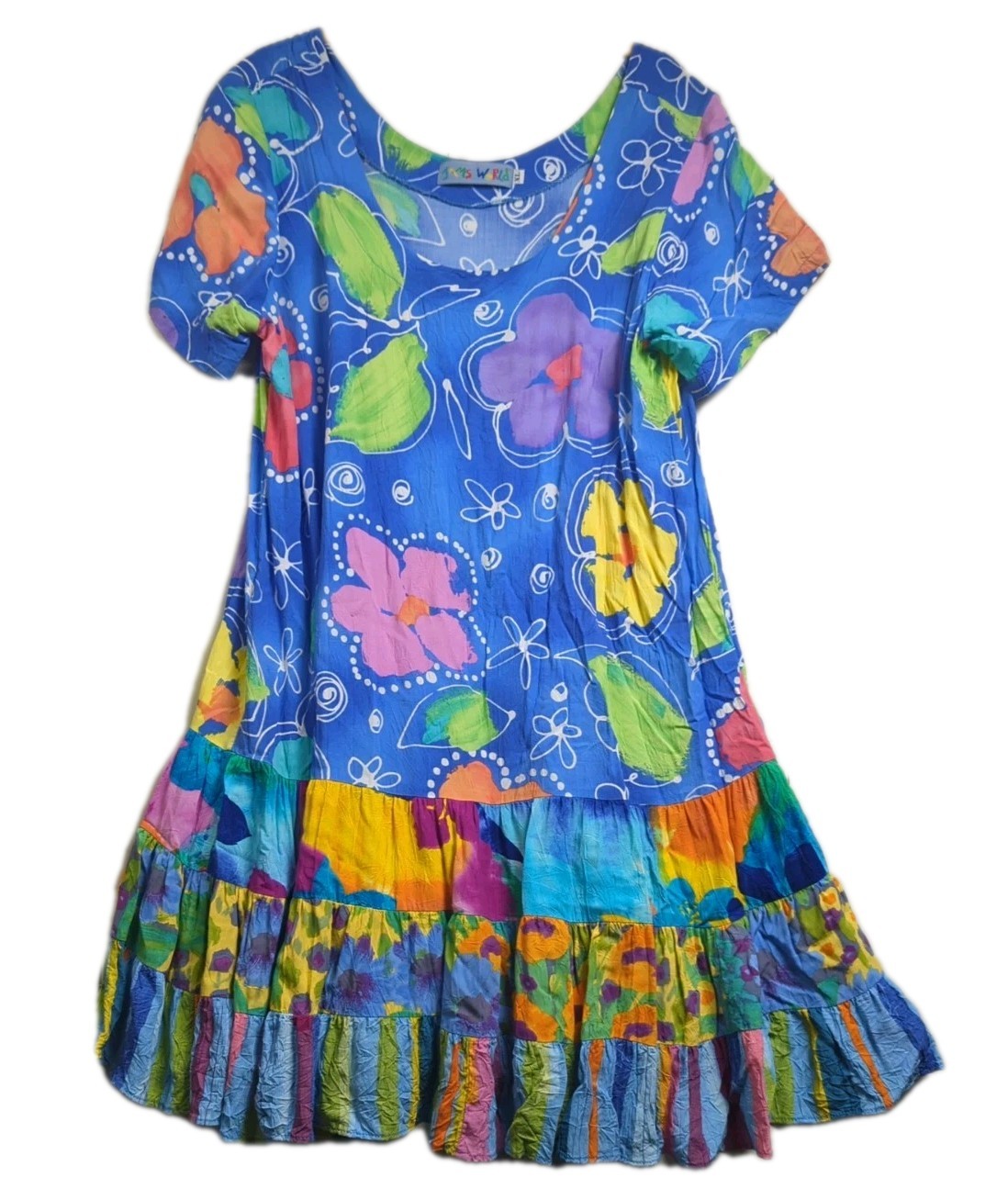 Vintage Jams World Hattie Dress 100% Rayon Hawaiian Funky Art Tiered Ruffle XL