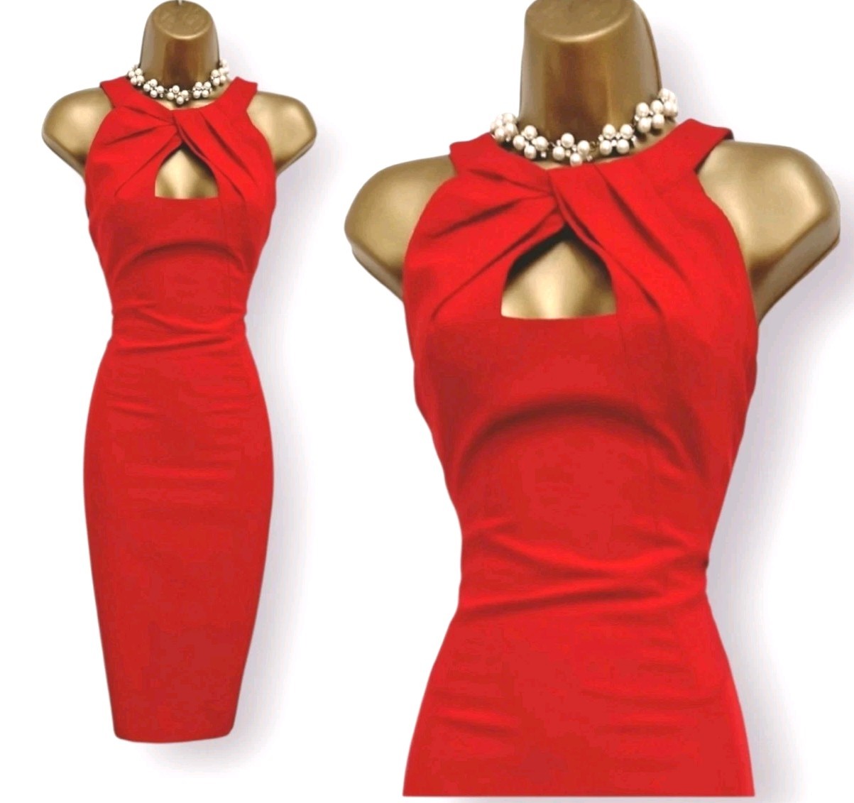 Karen Millen Dress UK 10 Scarlet Red Cutout Knot Neck Pencil Wiggle Occasion