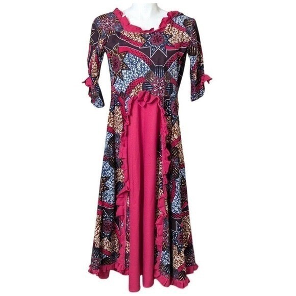 70s Boho Patchwork Print Maxi Dress Medium Handmade Hippie Cottage Festival