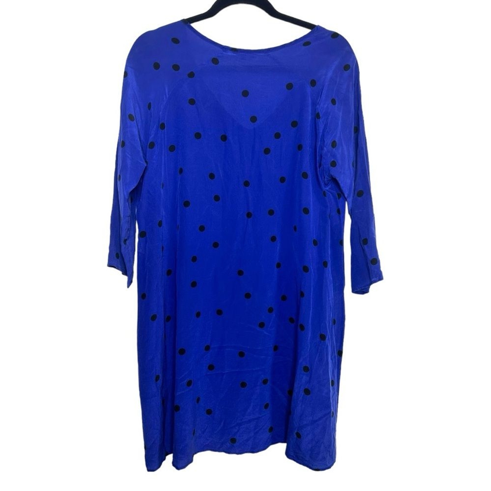 Ali Golden 100% Silk Blue Black Polka Dot 3/4 Sleeve Flowy Dress Size S/M
