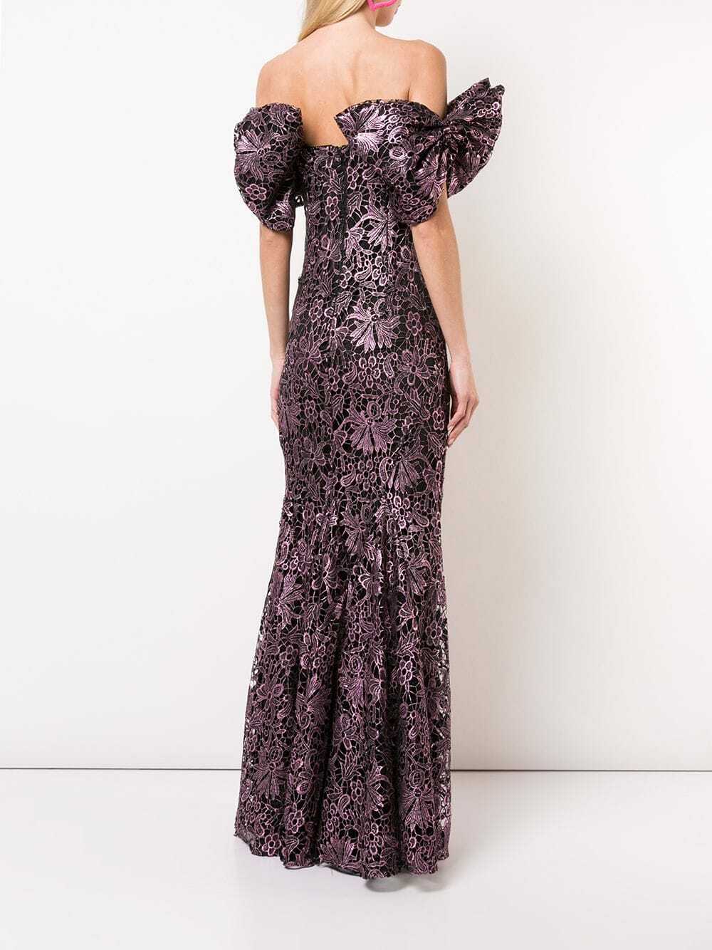 ZAC POSEN Pink Metallic Embroidered Guipure Lace Off Shoulder Bow Maxi Gown 6 S
