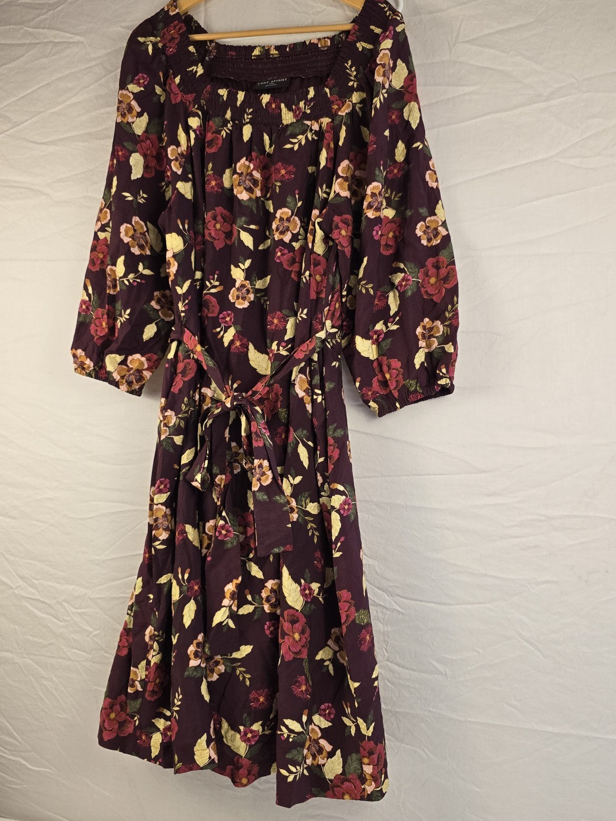 Lane Bryant Purple Floral Smocked Square Neck Belted Lined Midi Dress 14/16