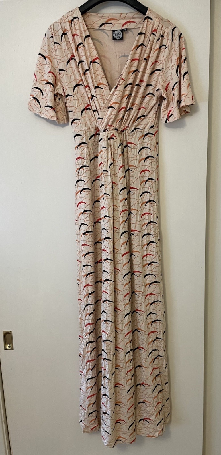 Nancy Dee Anthropologie London Maxi 12 Dress Moon Cream Sliver Red Black Long